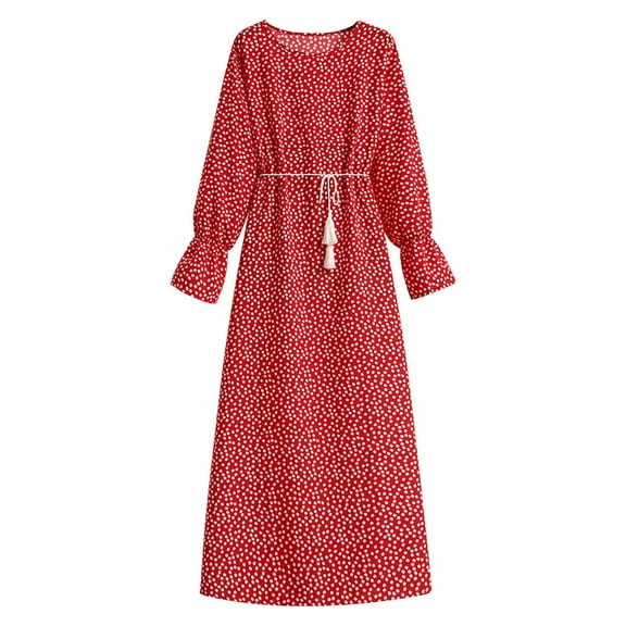 KIHOUT Womens Long Sleeve Dresses Women's Fashion Autumn Dresses Crewneck Floral Print Long Sleeves Belt Chiffon Dress