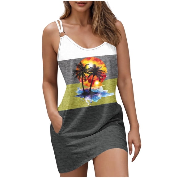 KIHOUT Color Block Mini Dress for Women Summer Coconut Tree Printed Sleeveless Strap Beach Sundress with Pockets Yellow M
