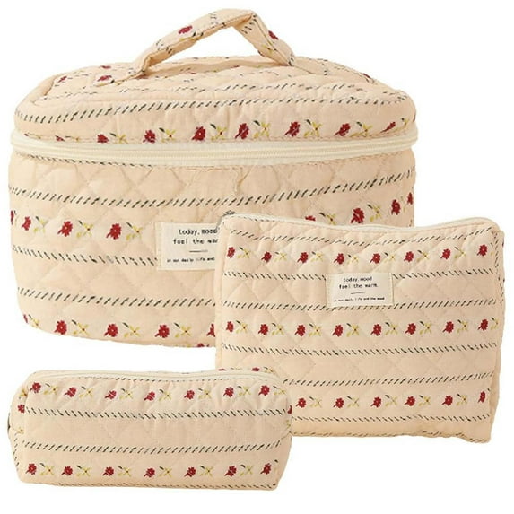 KIHOUT 3 Pcs Cotton Quilted Makeup Bag Set Floral Cotton Cosmetic Bag Toiletry Travel Organizer Bag for Women Girls