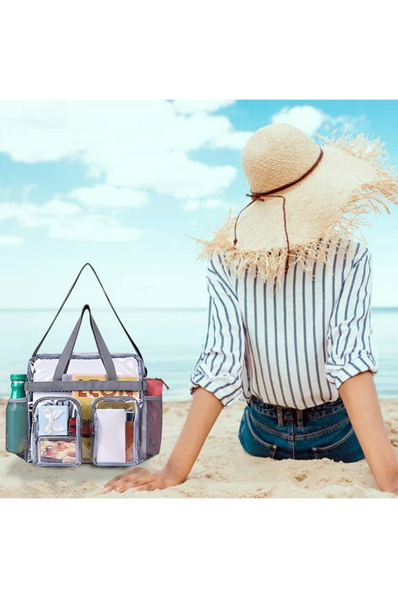 Clear Plastic Tote Bag with Handles Net Pockets Adjustable Shoulder Straps, Transparent Shoulder Handbag for Men, Women