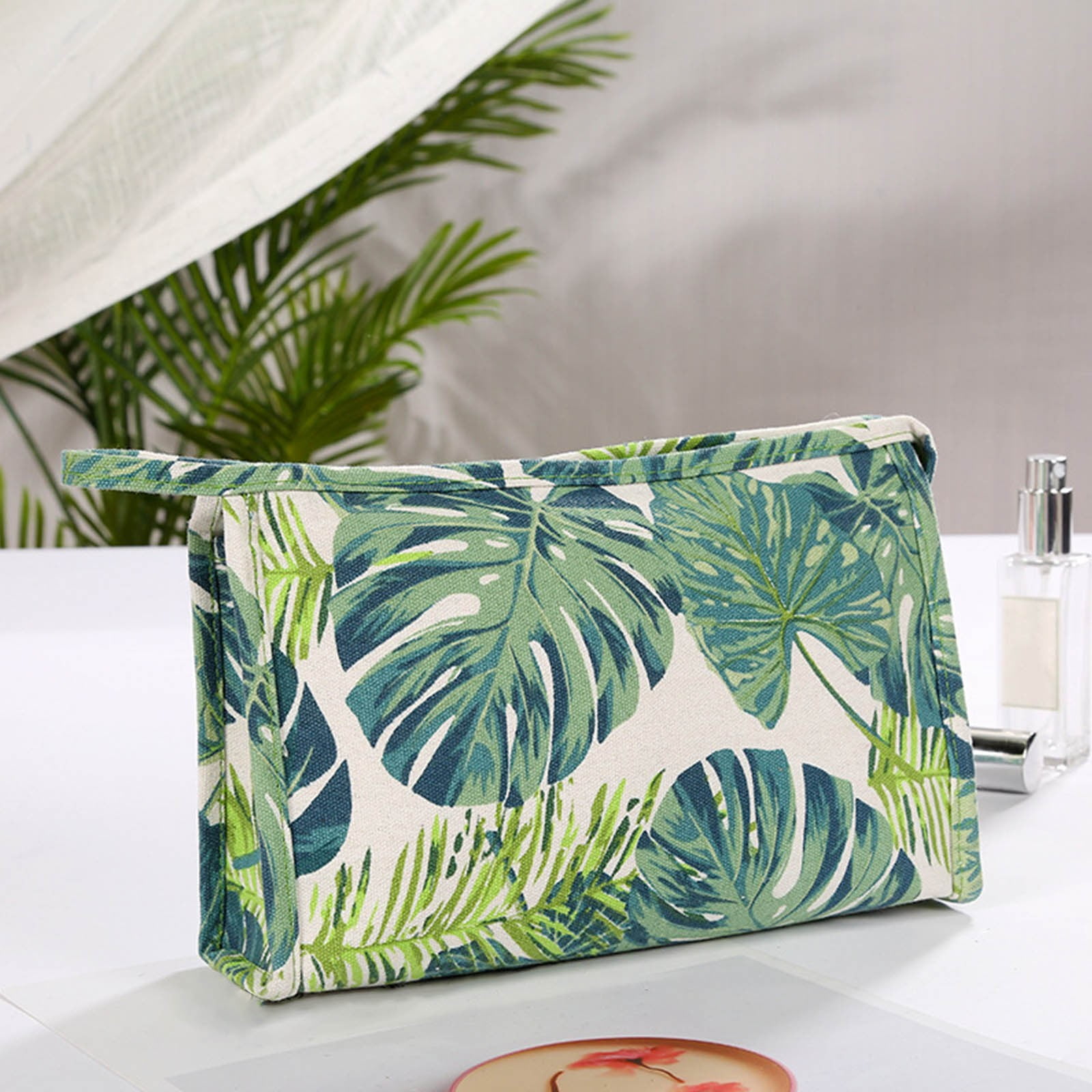 KIHOUT Deals Hawaiian Palm Leaf Makeup Bag Tropical Palm Trees Cosmetic Bag Zipper Pouch Large Toiltry Bag Travel Linen Make Up Organizer Purse for