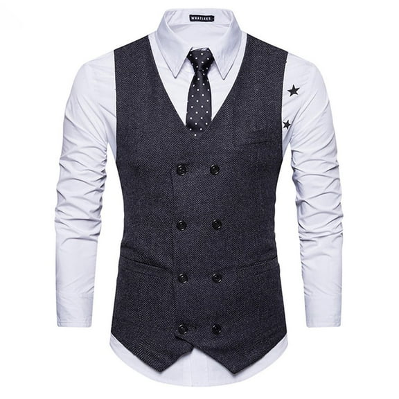 KIHOUT Men Woolen Double-breasted Vest Suit Retro Business Waistcoat