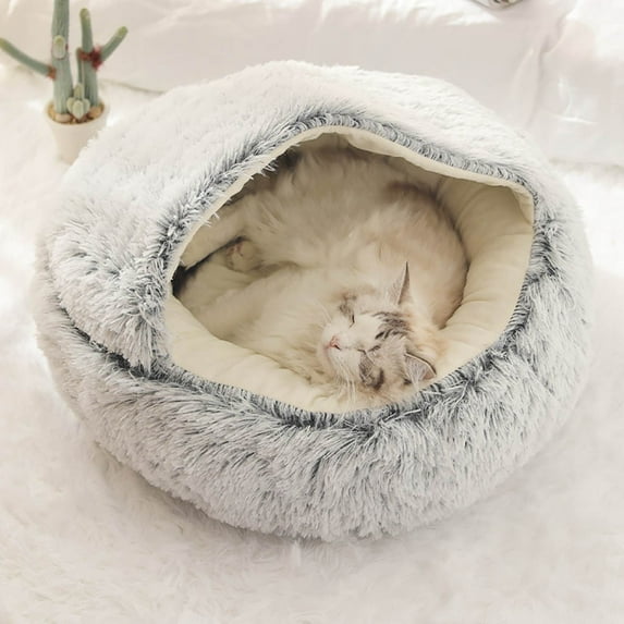 KIHOUT Dog Cave Bed for Small Dogs Cats Pets, Anti Anxiety Calming Plush Dog Beds, Fluffy Covered Hooded Cozy Burrow Puppy Beds, Anti-Slip Bottom Washable Pet Sleeping Bag 40CM
