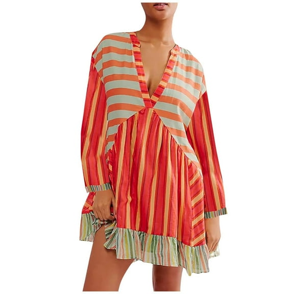 KIHOUT Dresses for Women Boho Printing Pocket Long Sleeve Deep V-Neck Loose Mini Dress Women's Fashion Casual Comfort Dress