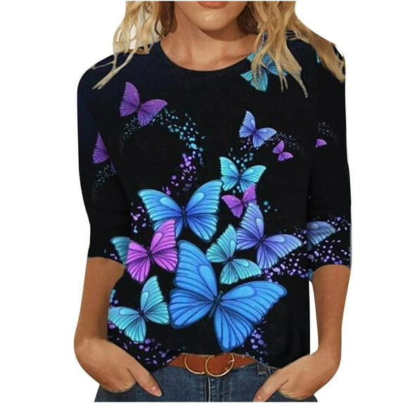 Awdenio Shirts for Women Clearance Petite Fashion Printed 3/4 Sleeves Blouse Round Neck Casual Tops Deals