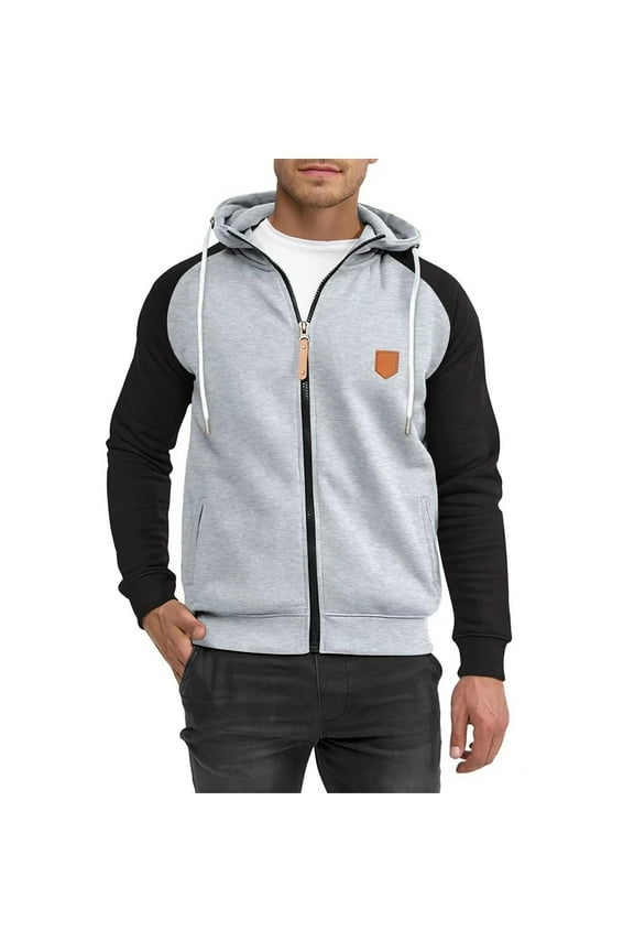 Fall and Winter Mens Coat Men's Fashion Casual Blocking Color Zipper Pockets Long Sleeve Hooded Casual Outwear