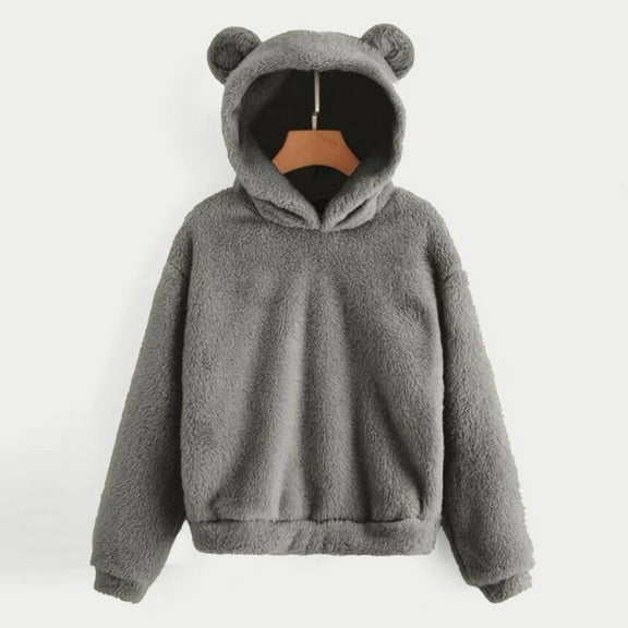 KIHOUT Fall Women's Sweatshirt Women's Long Sleeve Fleece Sweatshirt Warm Bear Shape Fuzzy Hoodie Pullover