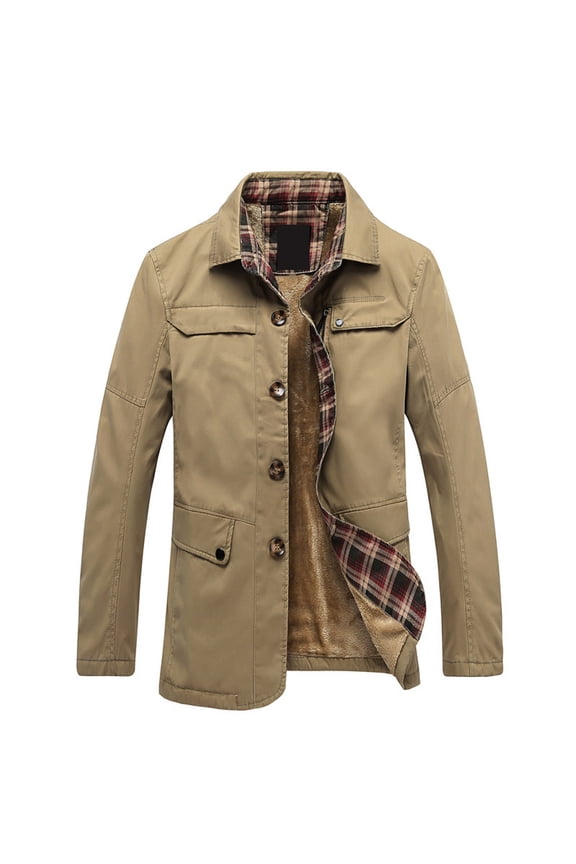 Fall and Winter Mens Coat Plus Size New Fashion Men's Medium Long Coat Plush Thickened Slim Plaid Casual Medium Long Windbreaker Coat