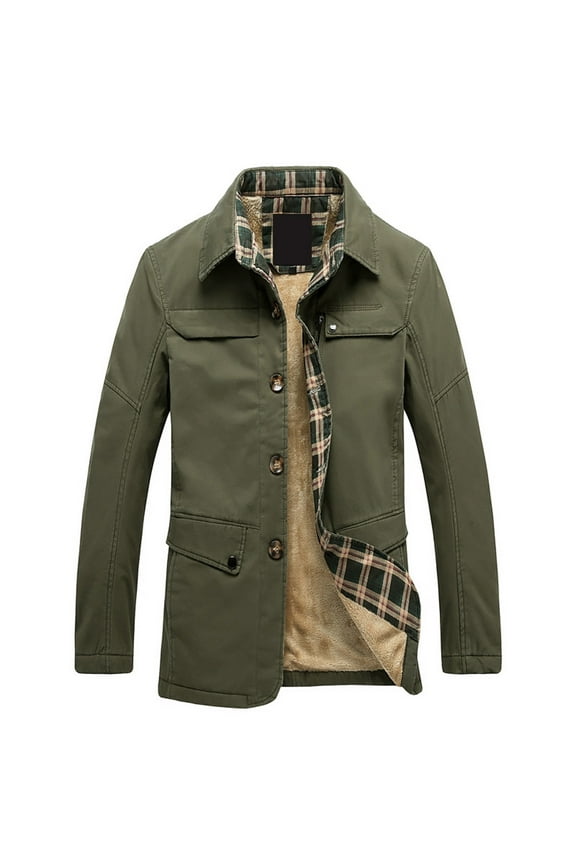 Fall and Winter Mens Coat Plus Size New Fashion Men's Medium Long Coat Plush Thickened Slim Plaid Casual Medium Long Windbreaker Coat