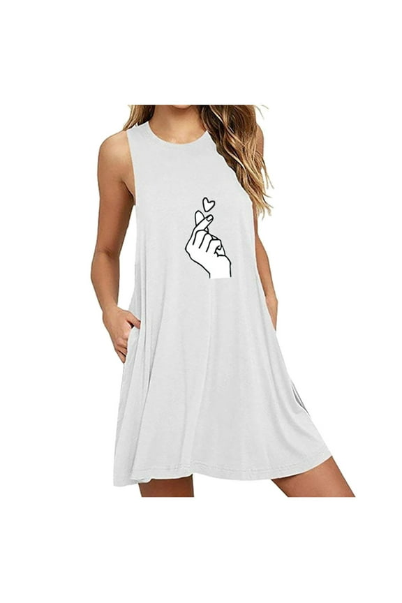Fashion Casual Womens Basic Pajamas Dresses Plus Size Printing Round Neck Sleeveless Loose Comfy Ladies Casual Nightdress Dresses with Pocket (White,S-6XL)