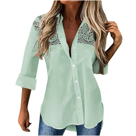 KIHOUT Fashion Women's Loose Buttons Solid Lapel Long Sleeves T-shirts Blouse Tops