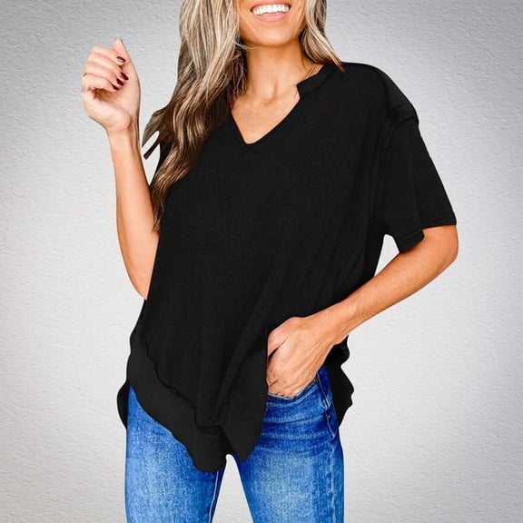 KIHOUT Fashion Womens' Solid Color Loose T-Shirt Short Sleeved V-Neck Top Summer