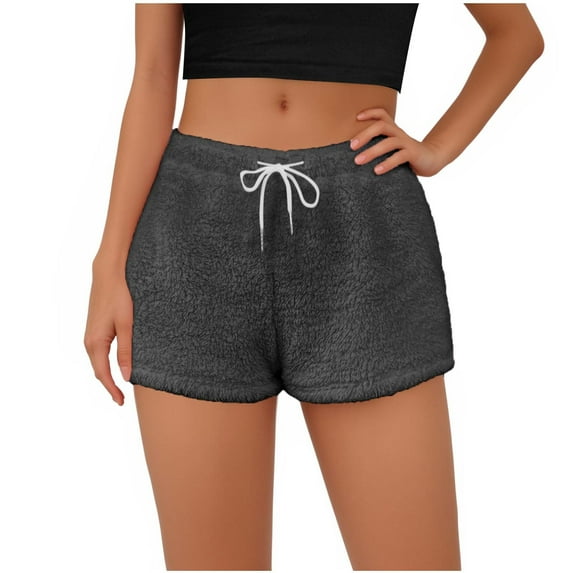 KIHOUT Fleece Shorts for Women Women's Fashion Solid Color Drawstring Waist Shorts Keep Warm Home Shorts, Size S-2XL