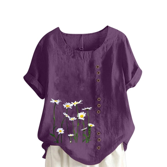 KIHOUT Graphic Tees for Women Short Sleeve Round Neck Floral Printed Cotton Linen Tops Loose T-Shirt Blouse Tops, Size S-5XL