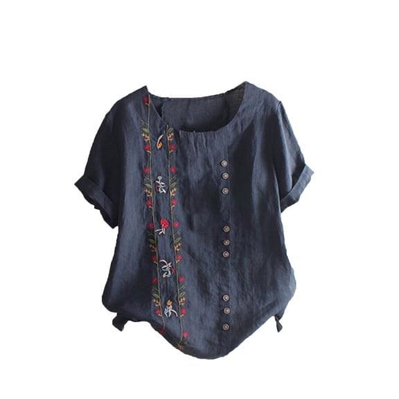 KIHOUT Graphic Tees for Women Short Sleeve Round Neck Floral Printed Cotton Linen Tops Loose T-Shirt Blouse Tops, Size S-5XL