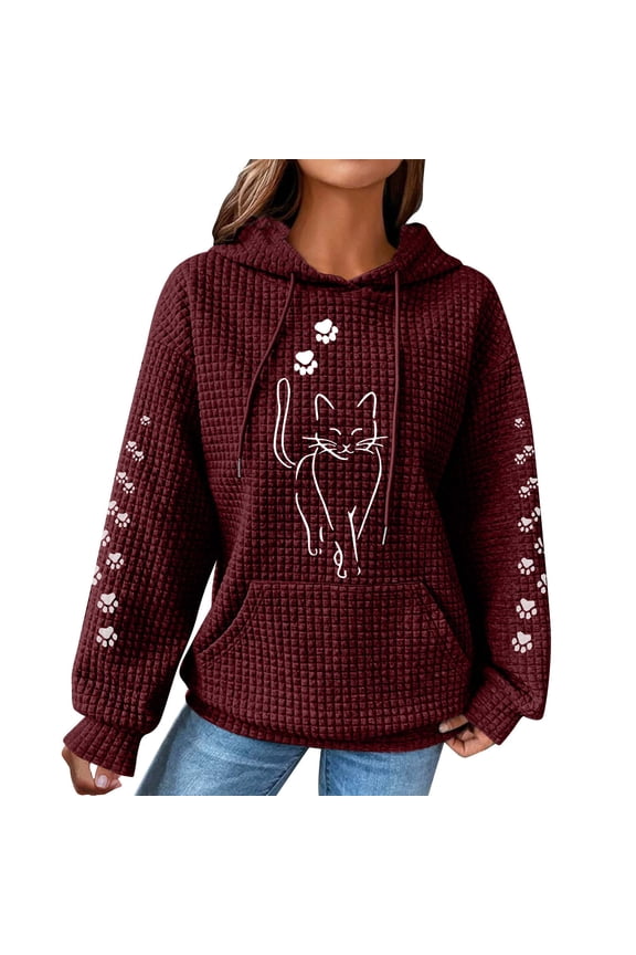 Hoodies for Women Pullover Waffle Cat Graphic Print Long Sleeve Round Neck Drawstring Loose Hooded Sweatshirts with Pocket, Size S-2XL