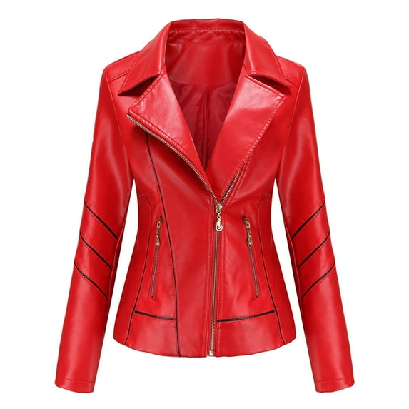 KIHOUT Jackets for Women Deals New Women's Slim Leather Stand-Up Collar Zipper Stitching Solid Color Jacket