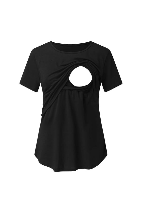 Maternity Clothes for Women Ladies Nursing Solid Color Round Neck Short Sleeve Round Neck Breastfeeding Blouse