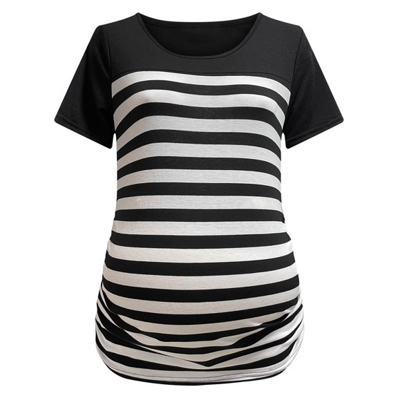 KIHOUT Maternity Clothes for Women Round Neck Stripe Lace Patchwork Short Sleeve Side Ruched Blouse Tops T-Shirt