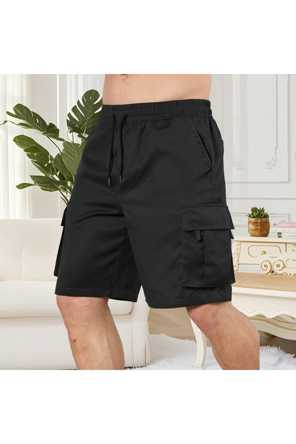 Men's 100% Polyester Cargo Shorts - Elastic Drawstring Waist, Multi-Functional Cargo Pockets, Knee-Length Casual Shorts for Summer Outdoor Activities and Daily Wear