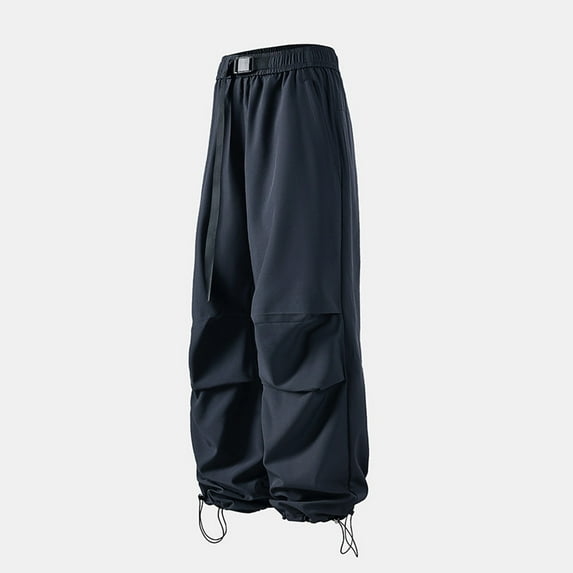 KIHOUT Men's Black Nylon Spandex Cargo Pants Elastic Waist with Belt and Drawstring Cuffs