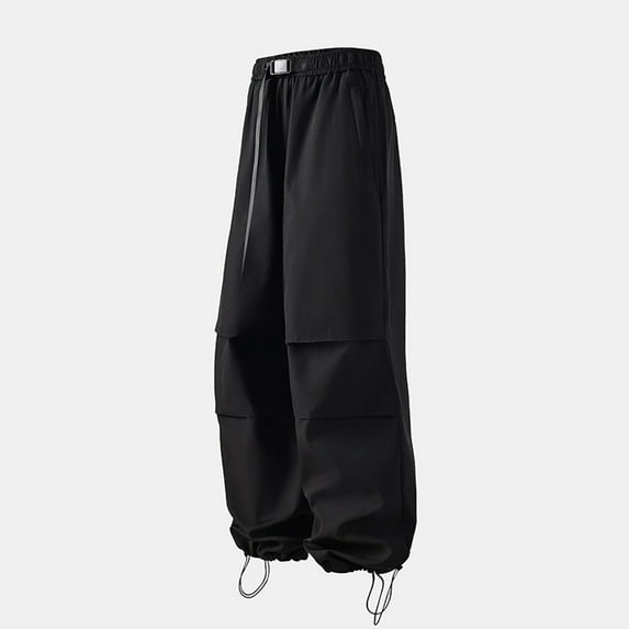 KIHOUT Men's Black Nylon Spandex Cargo Pants Elastic Waist with Belt and Drawstring Cuffs