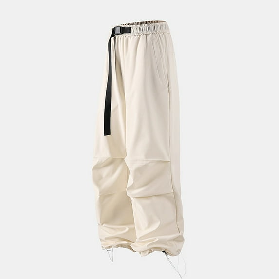 KIHOUT Men's Black Nylon Spandex Cargo Pants Elastic Waist with Belt and Drawstring Cuffs
