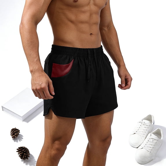 KIHOUT Men's Black Red Color Block 3 Inch Inseam Shorts Quick Dry Elastic Waist Gym Training Beach Shorts Polyester Swim Trunks M-5XL