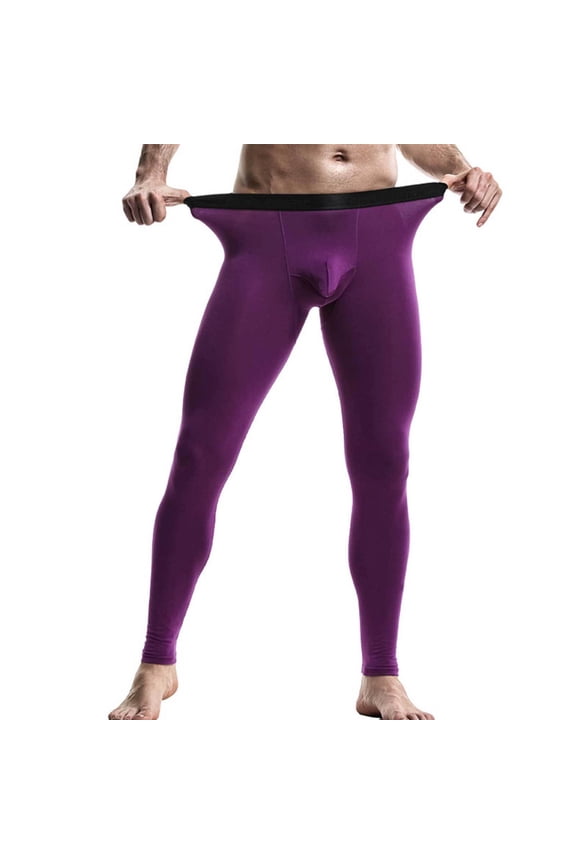 Men's Black Separate Pouch Compression Thermal Leggings Tight Fitting Base Layer Pants for Winter Warmth