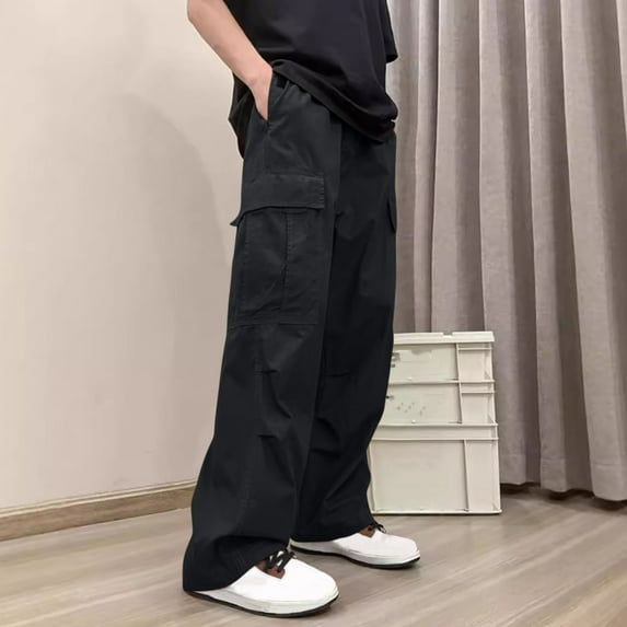 KIHOUT Men's Brown Wide Leg Cargo Pants Elastic Waist MultiPocket Trousers for Casual and Outdoor Wear