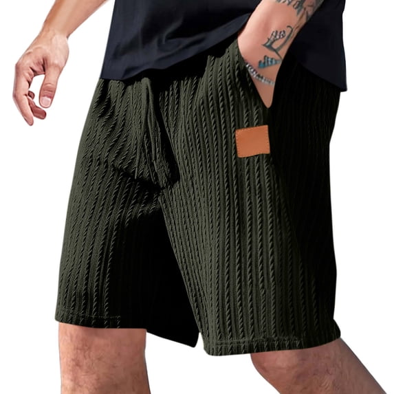 KIHOUT Men's Cable-Knit Textured Casual Shorts - Polyester, Elastic Drawstring Waist, Leather Patch Detail, Knee-Length for Spring/Summer Daily Wear