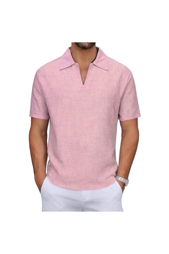 Men's Casual Vacation Striped Bamboo-Linen Small V-Neck Short Sleeve Shirt for Spring Summer Beach Daily Occasions