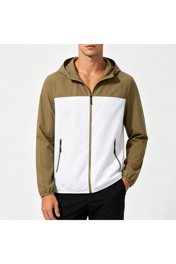 Men's Color Block Windbreaker UPF 50+ Quick Dry Hiking Jacket Full Zip Hooded Sportswear with Zipper Pockets for Outdoor Camping Running