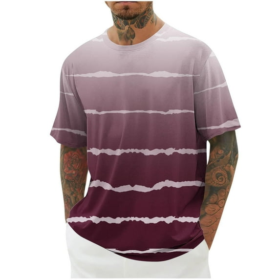KIHOUT Men's Cotton Blend Short Sleeve Crew Neck Tees, Striped Gradient Printed T-shirt Soft and Comfortable T-shirts for Men