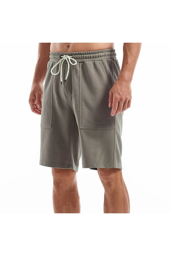 Men's Cotton Fleece Casual Shorts - Elastic Drawstring Waist, Large Patch Pockets, Solid Color Knee-Length Shorts for Spring Summer Daily Wear