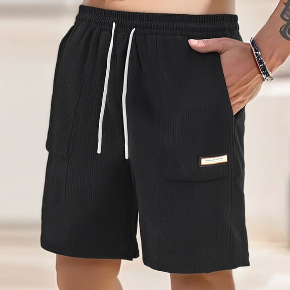 KIHOUT Men's Cotton Stretch Casual Cargo Shorts - 98% Cotton 2% Spandex, Elastic Drawstring Waist, Textured Fabric, Patch Pocket for Gym, Daily Wear and Summer Lounging