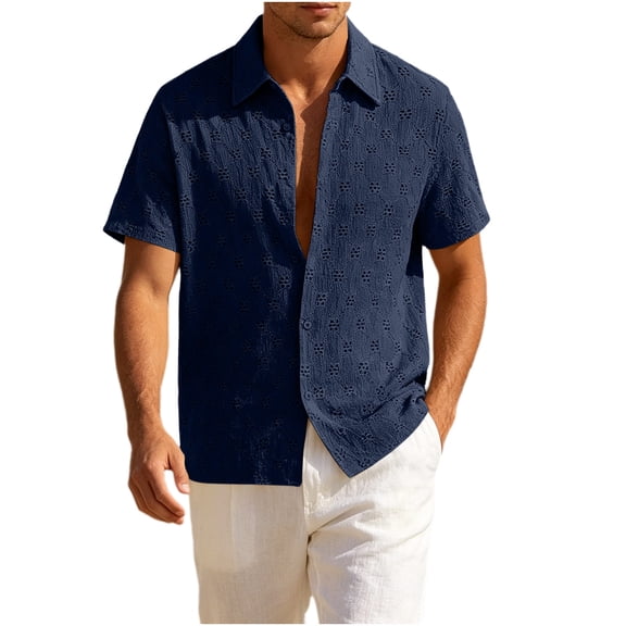 KIHOUT Men's Eyelet Embroidered Short Sleeve Button-Down Shirt, Casual Summer Top with Hollow-Out Pattern & Breathable Fabric