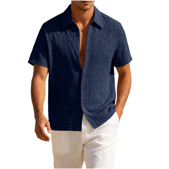 KIHOUT Men's Eyelet Embroidered Short Sleeve Button-Down Shirt, Casual Summer Top with Hollow-Out Pattern & Breathable Fabric