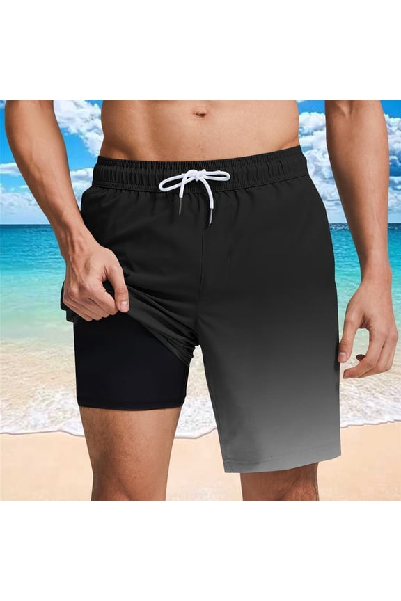 Men's Gradient 2-in-1 Swim Trunks - Polyester, Drawstring Elastic Waist, Lined with Pockets for Beach, Pool and Summer Casual Wear