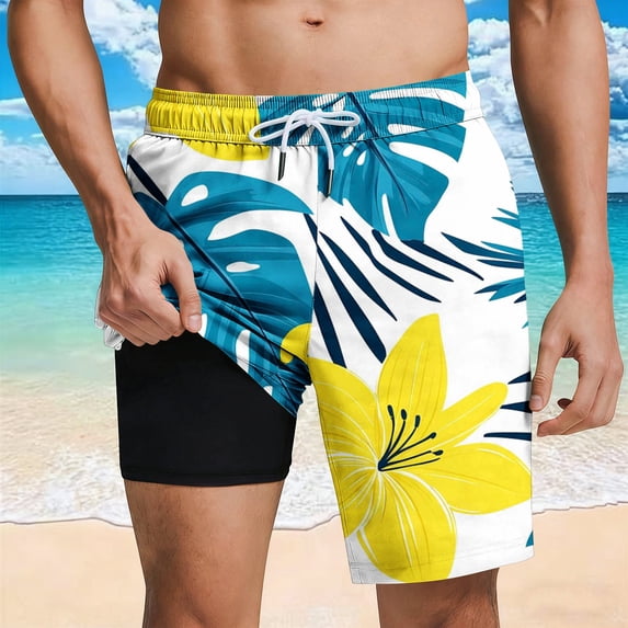 KIHOUT Men's Hawaiian Palm Print 2-in-1 Swim Trunks - 95% Polyester 5% Spandex, Drawstring Elastic Waist, Lined with Pockets for Beach, Pool and Summer Casual Wear