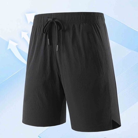 KIHOUT Men's Ice Silk Quick-Dry Athletic Shorts - 100% Polyester, Elastic Drawstring Waist, Split Hem, Functional Pockets for Outdoor Running, Gym Training and Casual Daily Wear