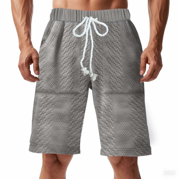 KIHOUT Men's Knitted Jacquard Casual Shorts - Elastic Drawstring Waist, Pockets, Knee-Length Fashion Shorts for Spring & Summer