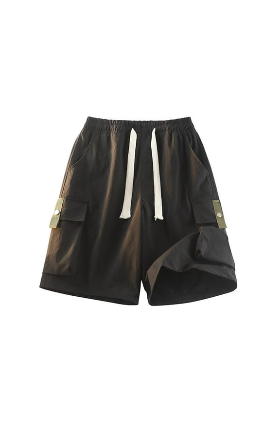 Men's Lightweight Cargo Shorts - 100% Polyester, Elastic Drawstring Waist, Flap Pockets with Metal Snaps, Relaxed Fit for Outdoor, Casual and Summer Wear