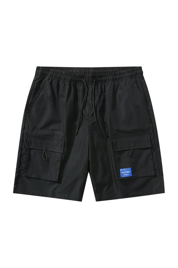 Men's Lightweight Cargo Shorts - 100% Polyester, Elastic Drawstring Waist, Multi-Pocket Design, Brand Patch Detail for Outdoor, Casual and Summer Wear