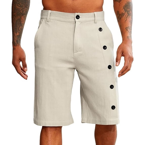 KIHOUT Men's Linen-Look Polyester Chino Shorts - Button Zipper Closure, Side Button Accents, Elastic Waist, Knee-Length for Spring Summer Casual Beach and Daily Wear