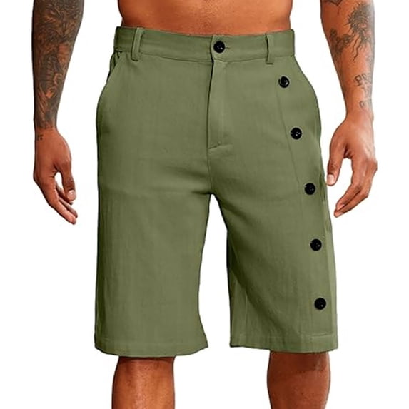 KIHOUT Men's Linen-Look Polyester Chino Shorts - Button Zipper Closure, Side Button Accents, Elastic Waist, Knee-Length for Spring Summer Casual Beach and Daily Wear