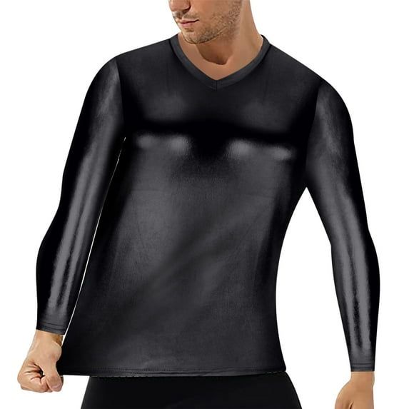 KIHOUT Men's Long Sleeve Tops Men's Casual Bright V-neck Youth Trend Slim Fashion Long-sleeved T-shirt Color Bottoming