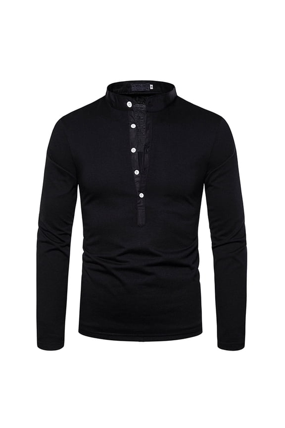 Men's Long Sleeve Tops Mens Solid Deep V Stand Neck Long Sleeve Button T-shirt Casual Tops Blouse