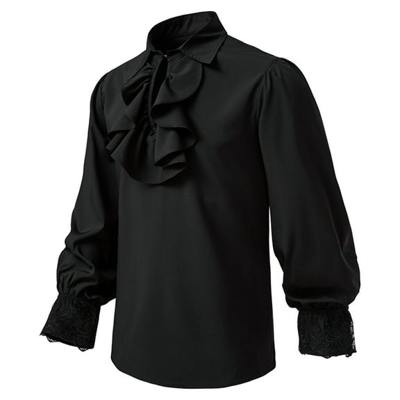 KIHOUT Men's Long Sleeve Tops Pullover Stand Collar Ruffled Renaissance Shirt Steampunk Trumpet Sleeve Top Blouse