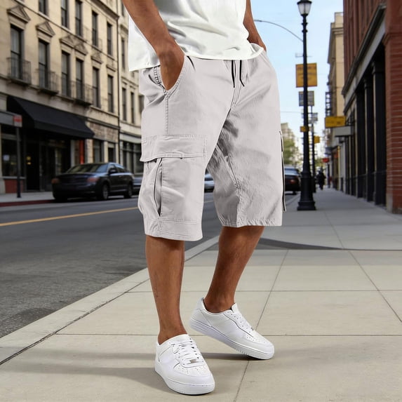 KIHOUT Men's Loose Fit Cargo Capri Pants Drawstring Waist, MultiPocket Casual Outdoor Shorts for Daily Wear & Travel